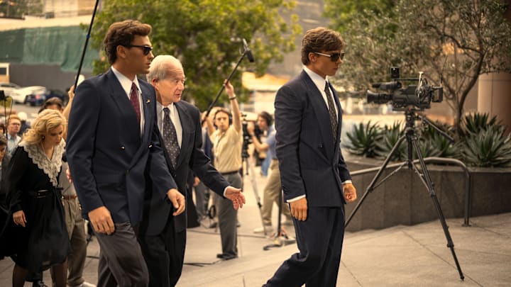 Monsters: The Lyle And Erik Menendez Story. (L to R) Cooper Koch as Erik Menendez, Jeff Perry as Peter Hoffman, Nicholas Chavez as Lyle Menendez in episode 201 of Monsters: The Lyle And Erik Menendez Story. Cr. Miles Crist/Netflix © 2024