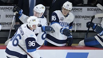 Feb 15, 2025; Montreal, Quebec, CAN; [Imagn Images direct customers only] Team Finland forward Mikko Rantanen (96) celebrates with teammates after scoring a goal against Team Sweden in the first period during a 4 Nations Face-Off ice hockey game at the Bell Centre. Mandatory Credit: Eric Bolte-Imagn Images