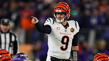 Nov 27, 2025; Baltimore, Maryland, USA; Cincinnati Bengals quarterback Joe Burrow (9) reacts against the Baltimore Ravens during the second half at M&T Bank Stadium. Mandatory Credit: Mitch Stringer-Imagn Images