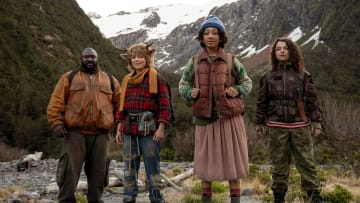 Sweet Tooth. (L to R) Nonso Anozie as Jepperd, Christian Convery as Gus, Naledi Murray as Wendy, Stefania LaVie Owen as Becky in episode 301 of Sweet Tooth. Cr. Matt Klitscher/Netflix © 2023