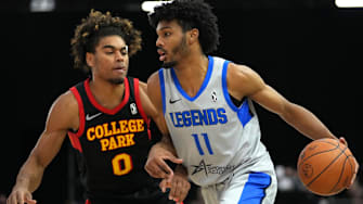 Dec 22, 2021; Las Vegas, NV, USA; Texas Legends forward Feron Hunt (11) dribbles against College Park Skyhawks guard Malik Ellison (0) during the first quarter at Mandalay Bay Convention Center. Mandatory Credit: Stephen R. Sylvanie-Imagn Images