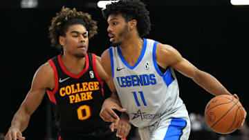 Dec 22, 2021; Las Vegas, NV, USA; Texas Legends forward Feron Hunt (11) dribbles against College Park Skyhawks guard Malik Ellison (0) during the first quarter at Mandalay Bay Convention Center. Mandatory Credit: Stephen R. Sylvanie-Imagn Images