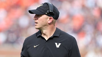 Nov 2, 2024; Auburn, Alabama, USA;  Vanderbilt Commodores head coach Clark Lea watches his team against the Auburn Tigers during the second quarter against at Jordan-Hare Stadium. Mandatory Credit: John Reed-Imagn Images