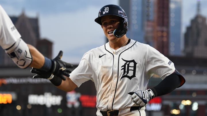 Aug 13, 2024; Detroit, Michigan, USA;  Detroit Tigers third baseman Gio Urshela (13) celebrates after hitting a home run against the Seattle Mariners in the sixth inning at Comerica Park. 