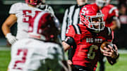 Steubenville's Aiden Davis on a touchdown run against Dover during a Division III, Region 11 semifinal game, Friday, Nov. 15, at Carrollton High School’s Warrior Stadium, in Carrollton.