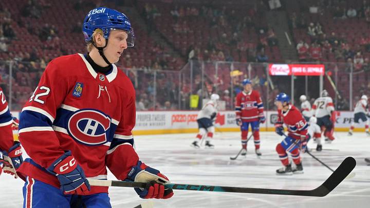 Apr 7, 2026; Montreal, Quebec, CAN; Montreal Canadiens defenseman Adam Engstrom (42) skates during the warmup before the game against the Florida Panthers at the Bell Centre. Mandatory Credit: Eric Bolte-Imagn Images