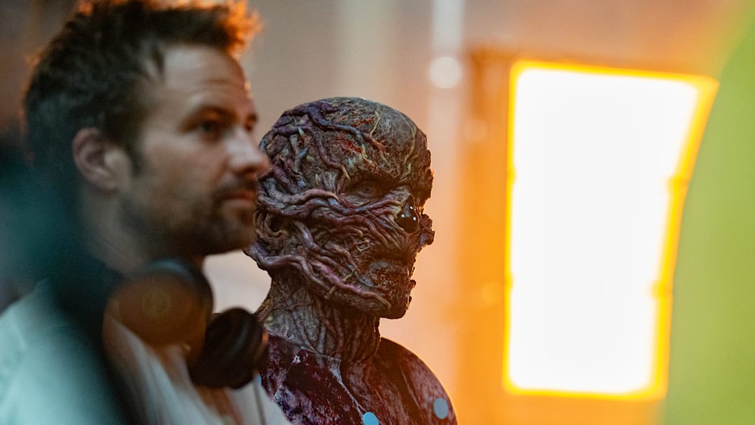 STRANGER THINGS: SEASON 5. (L-R) Director/Writer/Producer Ross Duffer and Jamie Campbell Bower as Vecna behind the scenes of Stranger Things: Season 5 STRANGER THINGS: SEASON 5. (L-R) Director/Writer/Producer Ross Duffer and Jamie Campbell Bower as Vecna behind the scenes of Stranger Things: Season 5