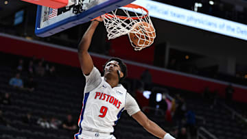 Dec 11, 2023; Detroit, Michigan, USA;  Detroit Pistons forward Ausar Thompson (9) dunks the ball