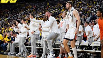 Mar 2, 2025; Ann Arbor, Michigan, USA; The Illinois Fighting Illini bench reacts to a guard made three point shot against the Michigan Wolverines in the second half at Crisler Center. Mandatory Credit: Lon Horwedel-Imagn Images
