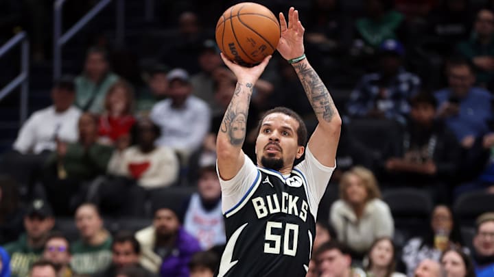 Jan 29, 2026; Washington, District of Columbia, USA; Milwaukee Bucks guard Cole Anthony (50) takes a shot during the first half against the Washington Wizards at Capital One Arena. Mandatory Credit: Daniel Kucin Jr.-Imagn Images