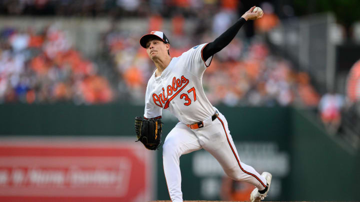 Jun 12, 2024; Baltimore, Maryland, USA; Baltimore Orioles pitcher Cade Povich (37) throws a pitch during the third inning against the Atlanta Braves at Oriole Park at Camden Yards. 