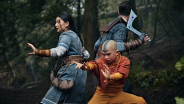 (L to R) Kiawentiio as Katara, Gordon Cormier as Aang, Ian Ousley as Sokka in season 1 of Avatar: The Last Airbender