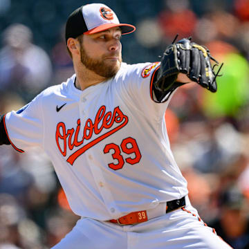 Sep 8, 2024; Baltimore, Maryland, USA; Baltimore Orioles pitcher Corbin Burnes (39) throws a pitch during the first inning against the Tampa Bay Rays at Oriole Park at Camden Yards.