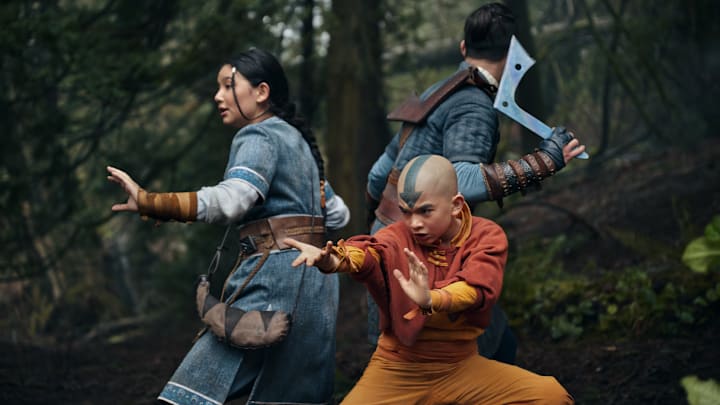  (L to R) Kiawentiio as Katara, Gordon Cormier as Aang, Ian Ousley as Sokka in season 1 of Avatar: The Last Airbender