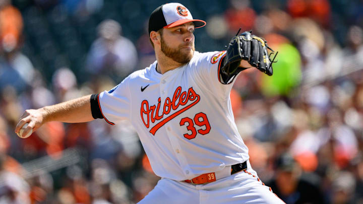 Sep 8, 2024; Baltimore, Maryland, USA; Baltimore Orioles pitcher Corbin Burnes (39) throws a pitch during the first inning against the Tampa Bay Rays at Oriole Park at Camden Yards.