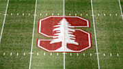 Oct 17, 2019; Stanford, CA, USA; Detailed view of the Stanford Cardinal logo at midfield at Stanford Stadium. Mandatory Credit: Kirby Lee-Imagn Images