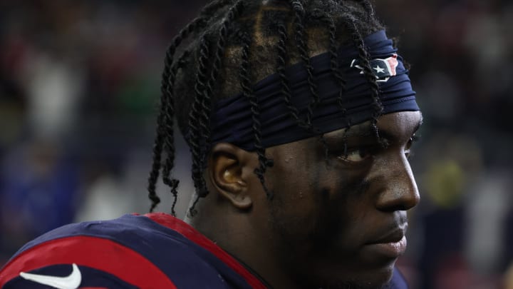 Jan 13, 2024; Houston, Texas, USA;Houston Texans linebacker Christian Harris (48) talks to the media after the Texans played the Cleveland Browns  in a 2024 AFC wild card game at NRG Stadium. Mandatory Credit: Thomas Shea-USA TODAY Sports