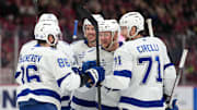 Dec 9, 2025; Montreal, Quebec, CAN; Tampa Bay Lightning defenseman Darren Raddysh (43) celebrates with teammates including forward Nikita Kucherov (86) and defenseman Max crozier (24) and forward Anthony Cirelli (71) after scoring a goal against the Montreal Canadiens during the third period at the Bell Centre. Mandatory Credit: Eric Bolte-Imagn Images