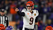 Nov 27, 2025; Baltimore, Maryland, USA; Cincinnati Bengals quarterback Joe Burrow (9) reacts against the Baltimore Ravens during the second half at M&T Bank Stadium. Mandatory Credit: Mitch Stringer-Imagn Images