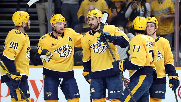 Apr 16, 2026; Nashville, Tennessee, USA; The Nashville Predators celebrate a goal by Nashville Predators left wing Filip Forsberg (9) during the first period against the Anaheim Ducks at Bridgestone Arena. Mandatory Credit: Alan Poizner-Imagn Images Apr 16, 2026; Nashville, Tennessee, USA; The Nashville Predators celebrate a goal by Nashville Predators left wing Filip Forsberg (9) during the first period against the Anaheim Ducks at Bridgestone Arena. Mandatory Credit: Alan Poizner-Imagn Images