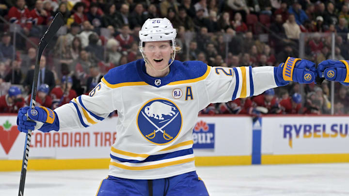 Dahlin celebrates after a Buffalo Sabres goal. 