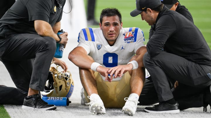 Dec 16, 2023; Inglewood, CA, USA; UCLA Bruins quarterback Collin Schlee (9) reacts after being tackled near the end zone against the Boise State Broncos in the third quarter of the Starco Brands LA Bowl at SoFi Stadium. Mandatory Credit: Robert Hanashiro-USA TODAY Sports