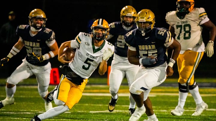 St. Edward on a run against Hoban, Oct. 24, 2025, at Dowed Field in Akron, Ohio. St. Edward on a run against Hoban, Oct. 24, 2025, at Dowed Field in Akron, Ohio.