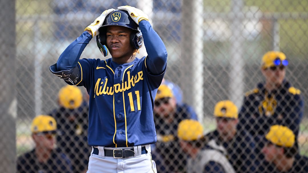 Milwaukee Brewers shortstop prospect Jesus Made prepares to hit during spring training workouts Monday, February 17, 2025, at American Family Fields of Phoenix in Phoenix, Arizona.