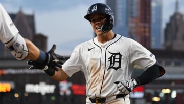 Aug 13, 2024; Detroit, Michigan, USA;  Detroit Tigers third baseman Gio Urshela (13) celebrates after hitting a home run against the Seattle Mariners in the sixth inning at Comerica Park. Mandatory Credit: Lon Horwedel-USA TODAY Sports