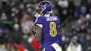 Nov 27, 2025; Baltimore, Maryland, USA; Baltimore Ravens quarterback Lamar Jackson (8) drops back to pass against the Cincinnati Bengals during the first half at M&T Bank Stadium. Mandatory Credit: Tommy Gilligan-Imagn Images