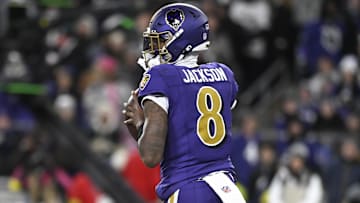 Nov 27, 2025; Baltimore, Maryland, USA; Baltimore Ravens quarterback Lamar Jackson (8) drops back to pass against the Cincinnati Bengals during the first half at M&T Bank Stadium. Mandatory Credit: Tommy Gilligan-Imagn Images