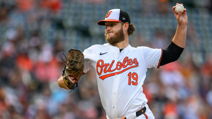 Jun 30, 2024; Baltimore, Maryland, USA; Baltimore Orioles pitcher Cole Irvin (19) throws a pitch during the second inning against the Texas Rangers at Oriole Park at Camden Yards. 