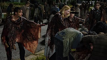 Andrew Lincoln as Rick Grimes, Chandler Riggs as Carl Grimes, Alexandra Breckenridge as Jessie Anderson, and Austin Abrams as Ron in The Walking Dead season 6