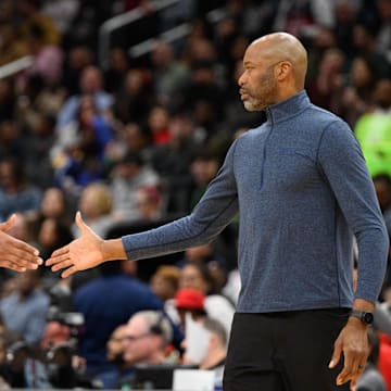 Mar 21, 2025; Washington, District of Columbia, USA; Orlando Magic forward Paolo Banchero (5) and head coach Jamahl Mosley react during the second quarter against the Washington Wizards at Capital One Arena. Mandatory Credit: Reggie Hildred-Imagn Images