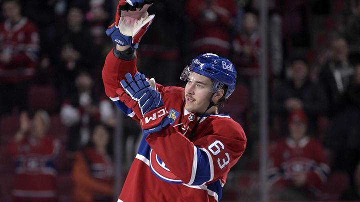 Nov 22, 2025; Montreal, Quebec, CAN; Montreal Canadiens forward Florian Xhekaj (63) celebrates the win against the Toronto Maple Leafs at the Bell Centre. Mandatory Credit: Eric Bolte-Imagn Images