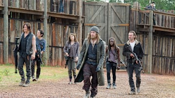 Steven Yeun as Glenn Rhee, Danai Gurira as Michonne, Michael Cudlitz as Abraham, Andrew Lincoln as Rick Grimes, Lauren Cohan as Maggie Greene, Norman Reedus as Daryl Dixon, and Tom Payne as Jesus - The Walking Dead _ Season 6, Episode 11 - Photo Credit: Gene Page/AMC