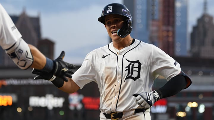 Aug 13, 2024; Detroit, Michigan, USA;  Detroit Tigers third baseman Gio Urshela (13) celebrates after hitting a home run against the Seattle Mariners in the sixth inning at Comerica Park. Mandatory Credit: Lon Horwedel-USA TODAY Sports