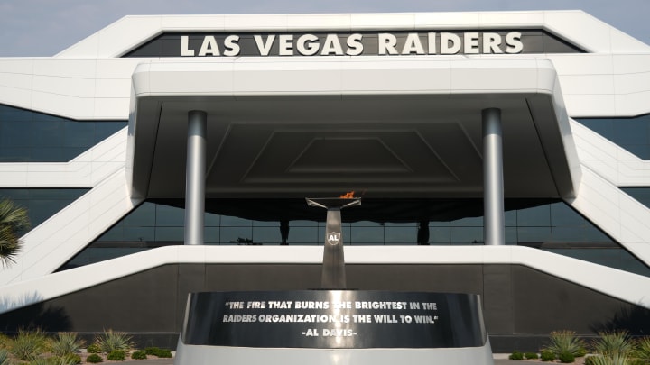 Jul 31, 2023; Henderson, NV, USA; The Al Davis memorial torch at the Las Vegas Raiders headquarters and training facility at the Intermountain Health Performance Center. Mandatory Credit: Kirby Lee-USA TODAY Sports