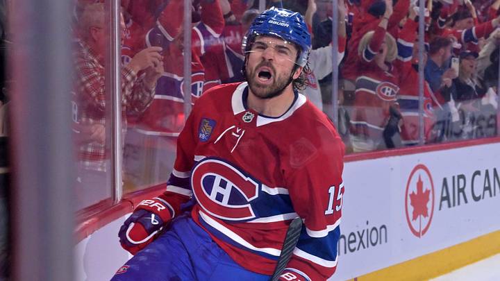 May 12, 2026; Montreal, Quebec, CAN; Montreal Canadiens forward Alex Newhook (15) celebrates after scoring a goal against the Buffalo Sabres during the first period in game four of the second round of the 2026 Stanley Cup Playoffs at Bell Centre. Mandatory Credit: Eric Bolte-Imagn Images