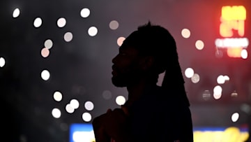 Dec 5, 2025; Detroit, Michigan, USA;  Detroit Pistons forward Isaiah Stewart (28) waits for his teammates at midcourse during pregame introductions before their game against the  Portland Trail Blazers at Little Caesars Arena. Mandatory Credit: Lon Horwedel-Imagn Images