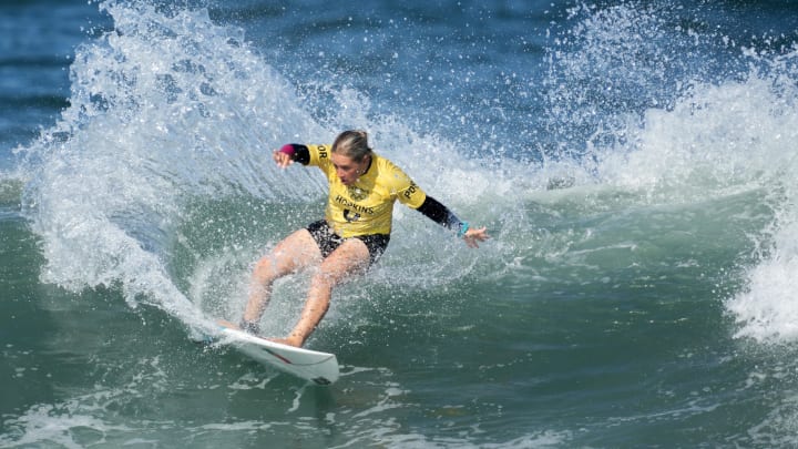 Jul 25, 2021; Tokyo, Japan; Yolanda Hopkins (POR) surfs in the women's round two competition during the Tokyo 2020 Olympic Summer Games at Tsurigasaki Surfing Beach.