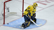 Feb 15, 2025; Montreal, Quebec, CAN; [Imagn Images direct customers only] Team Sweden goalie Filip Gustavsson (32) lets in a goal scored by Team Finland forward Anton Lundell (15) (not pictured) in the first period during a 4 Nations Face-Off ice hockey game at the Bell Centre. Mandatory Credit: Eric Bolte-Imagn Images