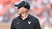 Nov 2, 2024; Auburn, Alabama, USA;  Vanderbilt Commodores head coach Clark Lea watches his team against the Auburn Tigers during the second quarter against at Jordan-Hare Stadium. Mandatory Credit: John Reed-Imagn Images