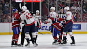 Apr 25, 2025; Montreal, Quebec, CAN; Tussles between Montreal Canadiens forward Brendan Gallagher (11) and Washington Capitals forward Tom Wilson (43) and forward Pierre-Luc Dubois (80) and Montreal Canadiens forward Cole Caufield (13) during the second period in game three of the first round of the 2025 Stanley Cup Playoffs at the Bell Centre. Mandatory Credit: Eric Bolte-Imagn Images