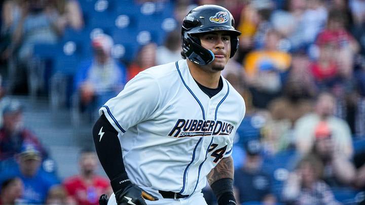 Akron infielder Ralphy Velazquez (24) walks during the home opening day game against Reading, April 2, 2026, in Akron, Ohio.
