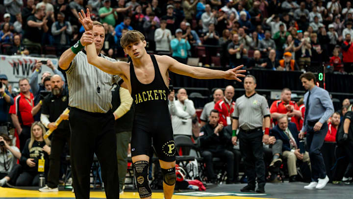 Perrysburg High’s Marcus Blaze celebrates his title at the 2025 OHSAA State Wrestling Championships. Blaze will be a freshman for the Penn State wrestling team next season. Perrysburg High’s Marcus Blaze celebrates his title at the 2025 OHSAA State Wrestling Championships. Blaze will be a freshman for the Penn State wrestling team next season.