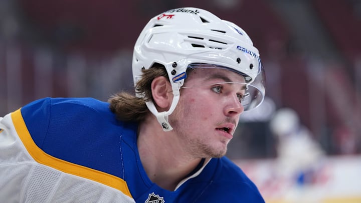 Jan 22, 2026; Montreal, Quebec, CAN; Buffalo Sabres forward Zach Benson (6) skates during the warmup before a game against the Montreal Canadiens at the Bell Centre. Mandatory Credit: Eric Bolte-Imagn Images
