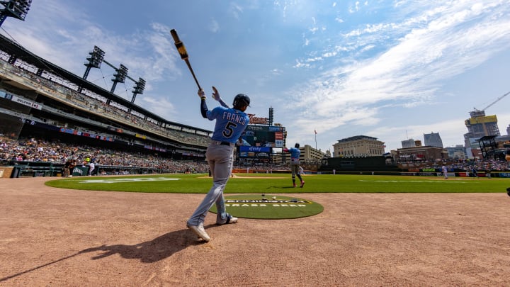 Tampa Bay Rays shortstop Wander Franco (5) warms up in the first inning before his turn at bat against the Detroit Tigers at Comerica Park in 2023.