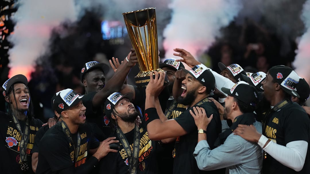 The New York Knicks celebrate after winning the NBA Cup over the San Antonio Spurs. The New York Knicks celebrate after winning the NBA Cup over the San Antonio Spurs.