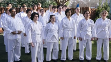 Cobra Kai. (L to R) Khalil Everage as Chris, Nathaniel Oh as Nate, Griffin Santopeitro as Anthony Larusso, Owen Morgan as Bert, Mary Mouser as Samantha LaRusso, Aedin Mincks as Mitch, Gianni DeCenzo as Demetri, Xolo Maridueña as Miguel Diaz, Jacob Bertrand as Eli 'Hawk' Moskowitz, Tanner Buchanan as Robby Keene, Peyton List as Tory Nichols in Cobra Kai. Cr. Curtis Bonds Baker/Netflix © 2024